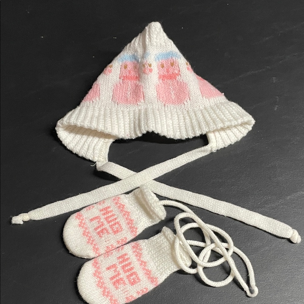 Adorable White and Pink Knit Baby Hat and Mittens Set